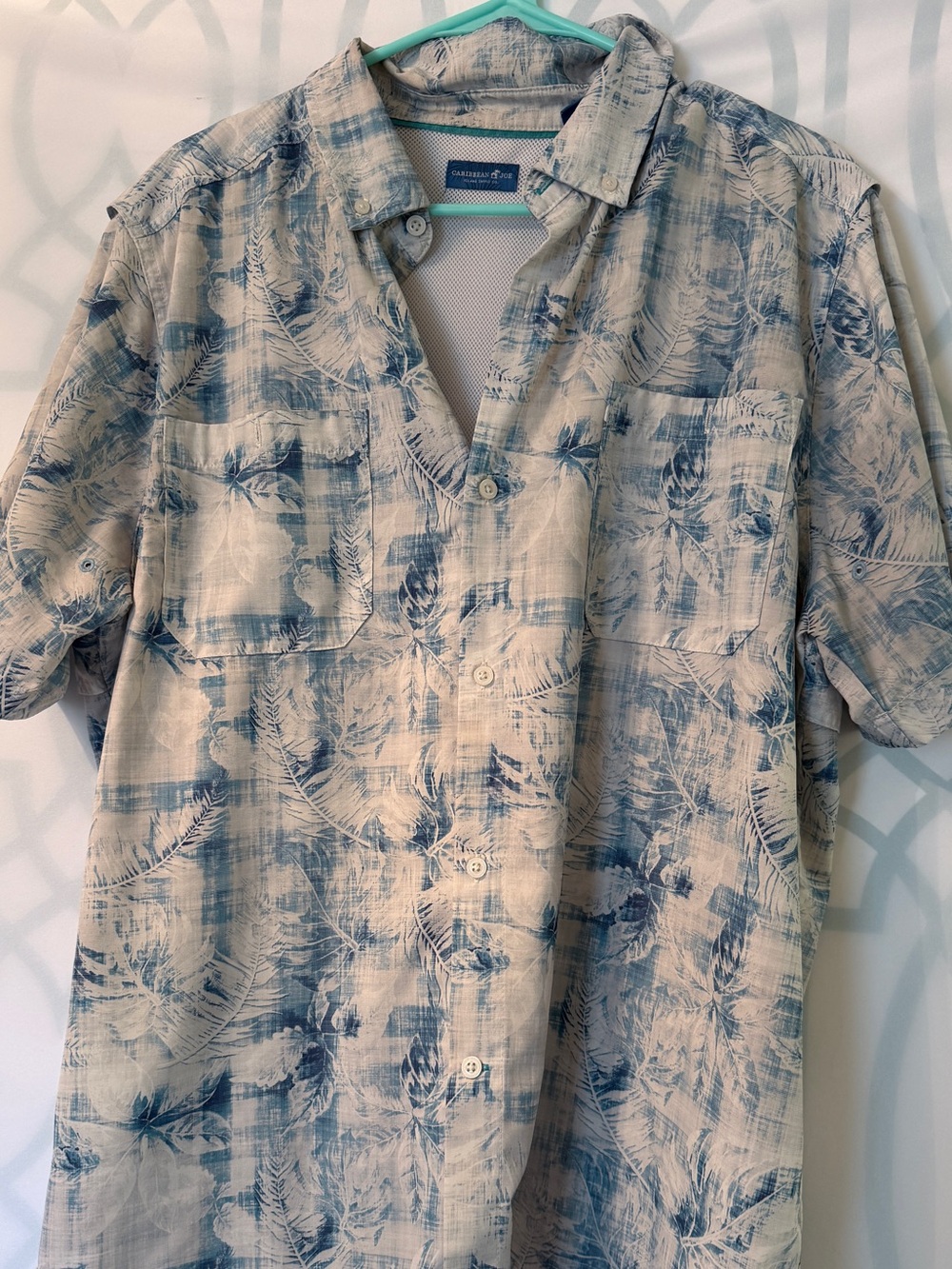 Caribbean Joe Blue and White Palm-Print Short Sleeve Button-Down